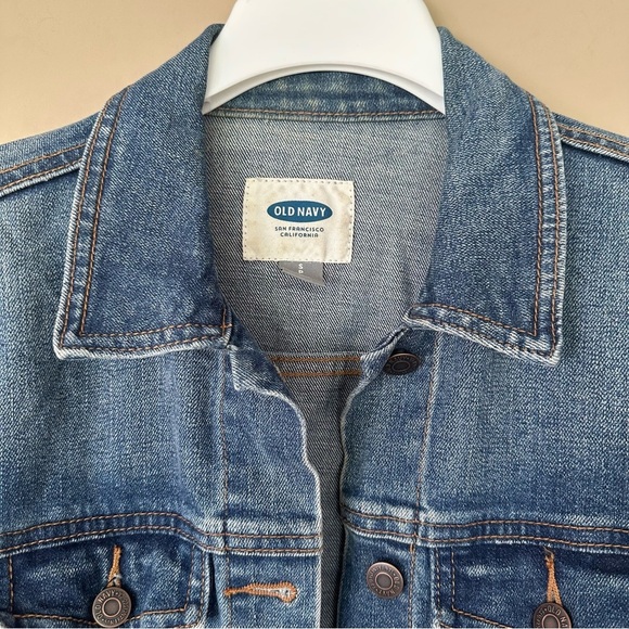 Old Navy Trucker Jacket Denim Stretch Women Small Jean Dark Wash Button Classic - Picture 3 of 8